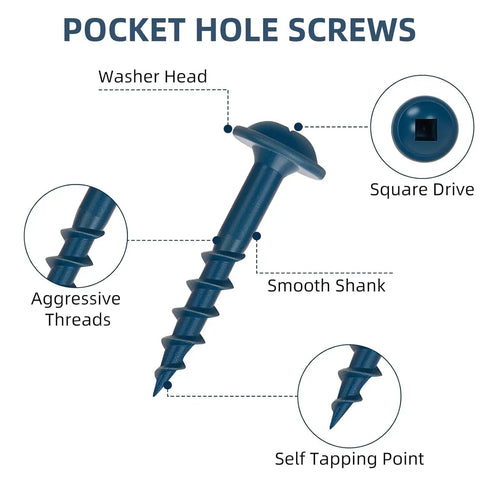 Diagram of Pocket Hole Screws Size Eight By One And A Quarter Inch Five Hundred Pack Blue Exterior Wood Screws with labeled features.