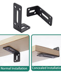 Beefy Heavy Duty L Shaped Shelf Brackets Set Of 6 In Black Alloy Thickened 0.11 Inch Arms showing normal and concealed installation