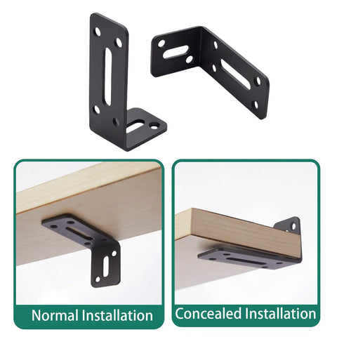 Beefy Heavy Duty L Shaped Shelf Brackets Set Of 6 In Black Alloy Thickened 0.11 Inch Arms showing normal and concealed installation