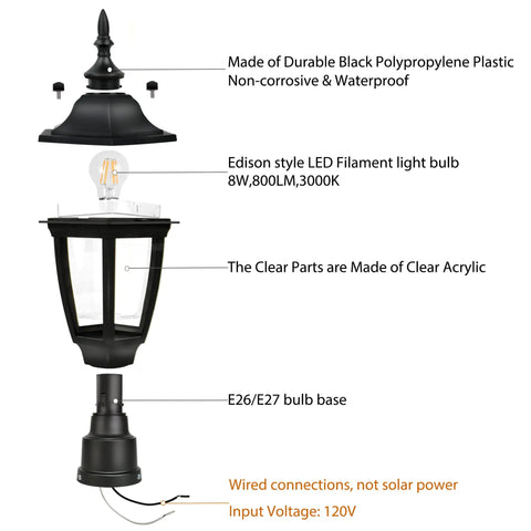 Diagram of Dope Outdoor Post Light LED Lantern With Pier Mount Base Waterproof IP44 Exterior Lamp Fixture showing components