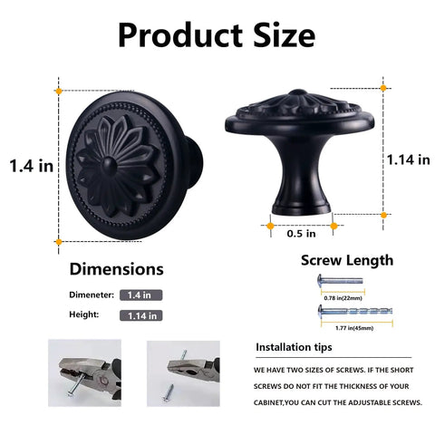 Matte Black Round Cabinet Knobs 10 Pack Zinc Alloy With Floral Design 1.4 Inch Diameter Drawer Knobs With Included Screws For Cabinets And Dressers Dope Hardware To Level Up Your Furniture, with product dimensions.