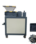 Heavy Duty 220V Industrial Dual Shaft Shredder With 21 Pc 9CrSi Alloy Blades 1.5KW Motor view showing input hopper and collected waste scraps.