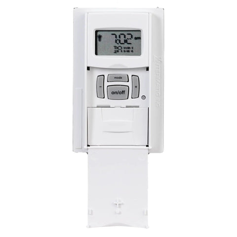 Front view of 7 Day In Wall Digital Timer Switch For Lights And Appliances With Astronomic Auto Adjust Sunrise Sunset Schedules. White finish.