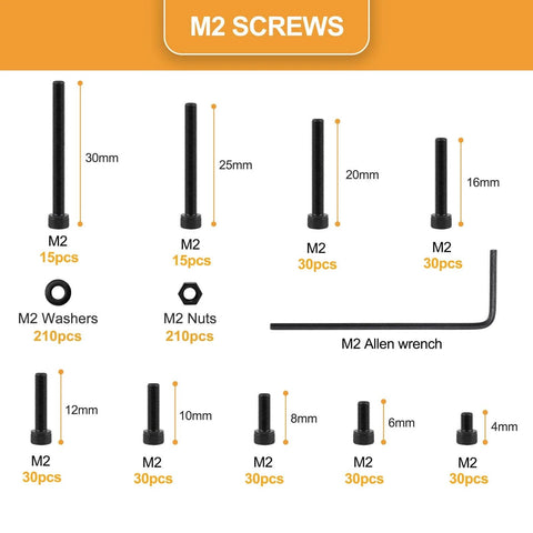 660 Piece M2 Socket Head Cap Screws Kit With Nuts And Washers Black Oxide 2mm Thread Hex Drive Includes M2 By 4mm 6mm 8mm 10mm 12mm 16mm 20mm 25mm 30mm Fully Threaded Alloy Steel For DIY Projects