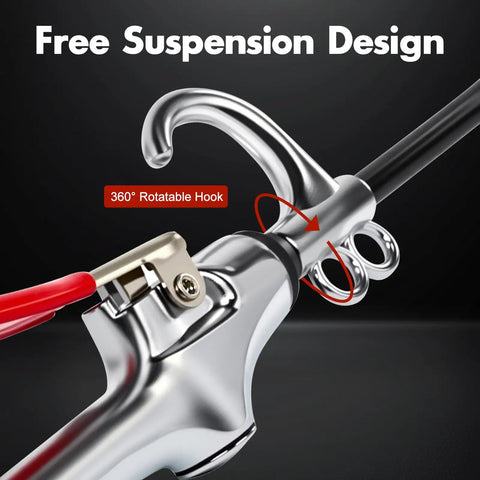 Pro Grade High Volume Air Blow Gun With Aluminum Guard showing 360° rotatable hook and free suspension design