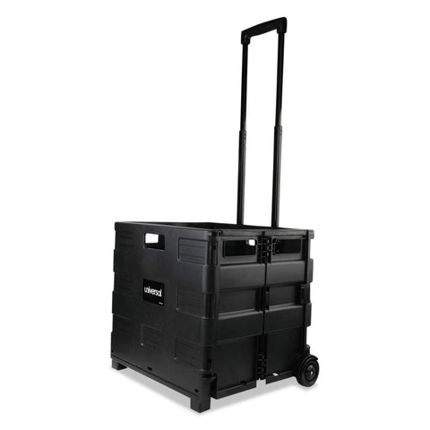 Collapsible Rolling Storage Crate With Telescoping Handle, 1.7 Cu Ft Capacity, Folds Flat To 3.5 Inches, Sturdy Black