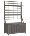 Badass Acacia Wood Outdoor Storage Chest With Built In Garden Trellis And Four Deep Compartments For Yard Gear Plus Patio Deck Essentials Tough As Nails Grey Wash Finish, showcasing a functional outdoor storage solution with shelves.