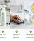 All In One Stone And Quartz Cleaner And Protector Spray For Granite Marble And Quartz Surfaces On Kitchen And Bath Counters And Floors Water Based Neutral PH Formula With Peppermint Thyme Essential Oil 16 Oz showing application process