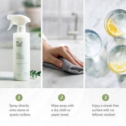 All In One Stone And Quartz Cleaner And Protector Spray For Granite Marble And Quartz Surfaces On Kitchen And Bath Counters And Floors Water Based Neutral PH Formula With Peppermint Thyme Essential Oil 16 Oz showing application process