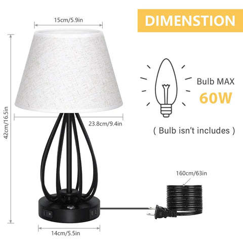 Touch Control Desk Lamp With USB And AC Outlets, 3 Level Dimmable Bedside Nightstand Light In Modern Black With Linen Shade