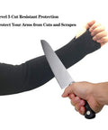 Heavy Duty Kevlar Arm Sleeves Built To Take Prolonged Pounding And Resist Scorching Heat Industrial Safety Guard For Rough Trade And Badass Work Protection For Men, shown with knife for cut resistance.