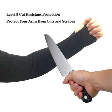 Heavy Duty Kevlar Arm Sleeves Built To Take Prolonged Pounding And Resist Scorching Heat Industrial Safety Guard For Rough Trade And Badass Work Protection For Men, shown with knife for cut resistance.