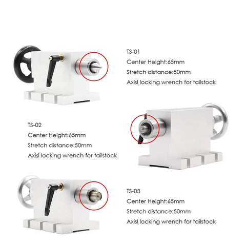 Bulletproof Three Station Router Tailstock With Fully Adjustable Sliding Base And Seamless Fourth Axis Setup For Heavy Cutting And Precision Engraving Rigs shown with three models and specifications.