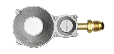 Heavy Duty two stage RV propane regulator with aluminum and brass construction, POL inlet, ideal for 100 lb ASME tanks
