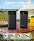 Heavy Duty 10000mAh Power Bank Featuring Reinforced Built In Four Cables For Multi Device Fast Charging And All Day Road Trip Juice To Keep Every Screen Alive on a table outdoors.