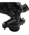 High Octane Engine Cooling Thermostat With Rapid Coolant Temperature Management. Close-up view of black thermostat with mounting details.
