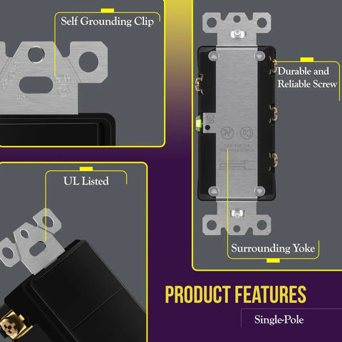 Black Triple Paddle Decorator Light Switch Single Pole 15A Residential Grade That Lets You Run Three Lights From One Location Shallow Body Fits Standard Junction Boxes Durable Polycarbonate Thermoplastic Construction; self grounding clip and yoke