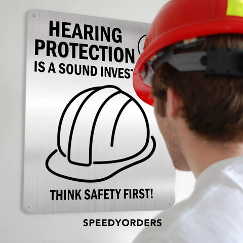 Personalized Outdoor Aluminum Sign For Business And Safety Waterproof Silver Brushed Metal 7x7 Inches Custom Metal Plaque That Pops In Any Weather Durable Outdoor Signage For Storefronts And Safety Notices. Hearing protection sign on brushed aluminum wall plaque