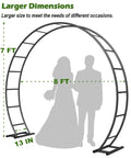 Diagram of sturdy metal wedding arch for outdoor ceremony and garden party decor 8 feet wide 7 feet high black round frame with ground bases
