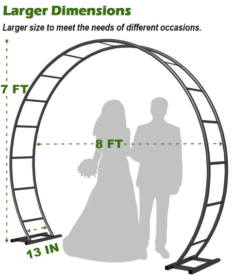 Diagram of sturdy metal wedding arch for outdoor ceremony and garden party decor 8 feet wide 7 feet high black round frame with ground bases