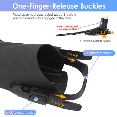 Close-up of powerful open heel diving fins for scuba and snorkeling, showing adjustable buckles and lightweight material for size US Men 9-13, Women 10-14.