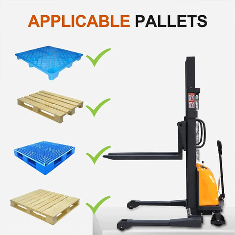 Heavy Duty Semi Electric Pallet Stacker With Straddle Legs And Adjustable Forks next to various applicable pallets.