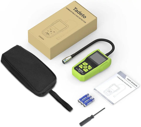 Pro Grade Natural Gas Detector With 2.6 Inch LCD Display And 12 Inch Gooseneck Probe, accessories, and packaging