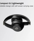 Solo 4 Wireless Bluetooth On-Ear Headphones Serving Serious Heat And 50-Hour Battery Life For Your Daily Ride Built With Ultra Lightweight Flex-Grip Cushions And Immersive Spatial Audio Technology In Matte Black, shown in a folded position with a soft woven carrying case.