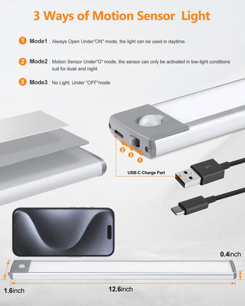 Three modes of Motion Sensor Closet Light Set With 54 LEDs Ultra Thin Magnetic Under Cabinet Lighting 2500mAh Rechargeable Battery