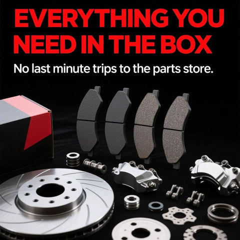 Brake components and accessories displayed in a kit, including brake pads, rotors, and hardware, labeled 'Everything You Need in the Box'.