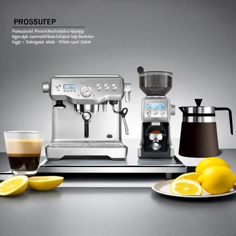 Top Shelf Dual Boiler Espresso Machine Paired With Smart Grinder System For Brewing Hella Smooth Specialty Brews And Flawless Microfoam Milk For Weekend Barista Sessions, silver color, coffee beans and lemon slice in foreground.