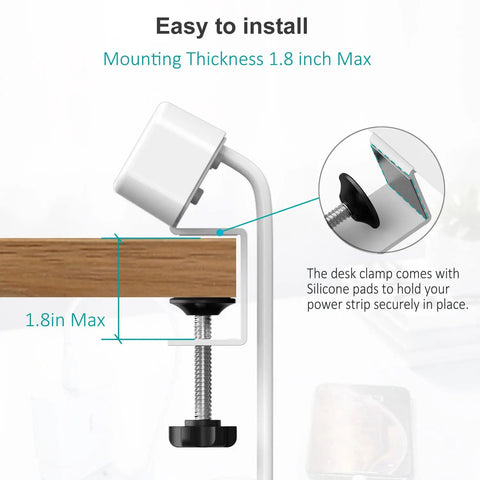 Clamp On Desk Power Strip With USB C Three Outlets Desktop Mount 6.5 Ft Extension Cord White showing easy installation on desk