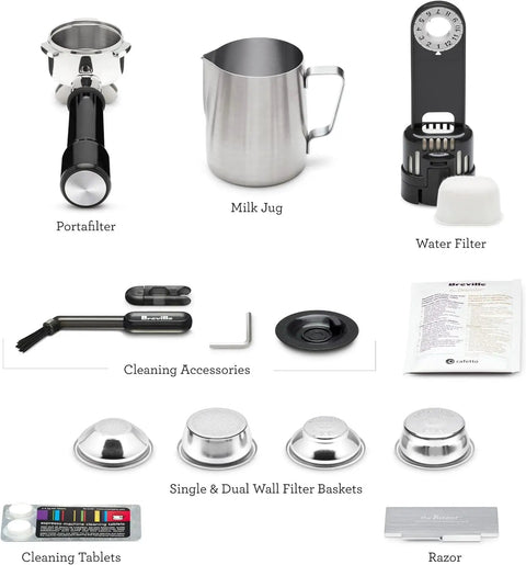 Barista Express Impress Espresso Machine With Impress Puck System And Smart Dosing accessories including portafilter, milk jug, and filters.