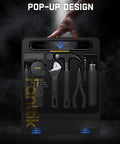 Top Shelf All In One Electric Screwdriver Rig With Claw Hammer Combo Wrench Long Nose Pliers Flexible Tape Measure Utility Knife Plus Assorted Bits And Hex Keys For Serious Weekend Warrior Builders in pop-up design with tools organized.