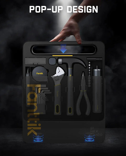 Top Shelf All In One Electric Screwdriver Rig With Claw Hammer Combo Wrench Long Nose Pliers Flexible Tape Measure Utility Knife Plus Assorted Bits And Hex Keys For Serious Weekend Warrior Builders in pop-up design with tools organized.