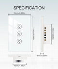 Specifications diagram of Three Gang Smart Dimmer Switch for Single Pole Setup, Neutral Wire Required, side and front dimensions shown