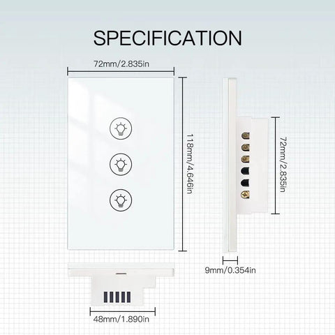 Specifications diagram of Three Gang Smart Dimmer Switch for Single Pole Setup, Neutral Wire Required, side and front dimensions shown