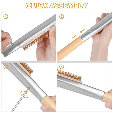 Assembly steps for Long Reach Pizza Oven Cleaning Brush With Stainless Steel Scraper And Screwdriver 21 Inch Handle No Scratch Brass Bristles.