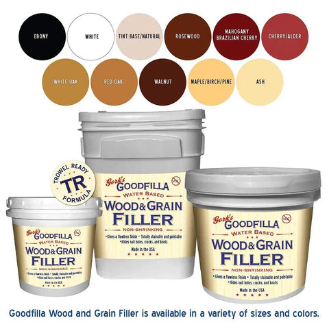 Premium Water Based Wood Grain Filler Ebony One Gallon Trowel Ready Quick Drying shown in various sizes and colors.