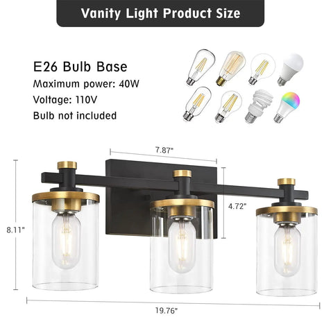 Dope Three Light Vintage Industrial Bathroom Vanity Light Over Mirror In Gold And Black With Clear Glass Shades, dimensions shown