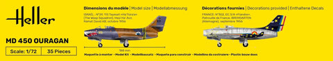 Packaging of MD 450 Ouragan 1/72 Scale Model Kit With Intake Splitter And One Piece Canopy, Includes Decals, 35 Pieces