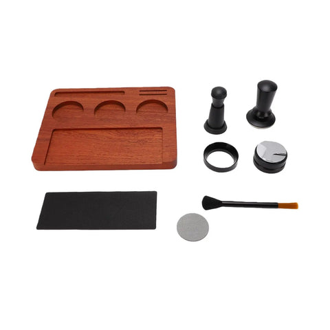 Solid Wood Espresso Tamper Station With Silicone Mat And Seven Piece Barista Gear including tampers, dosing ring, brush, and mat.