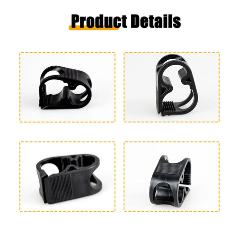 Adjustable Water Flow Control Tube Clips for 1/4-1/2 inch Tubes, four black plastic clamps shown from different angles