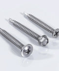 Hardcore Boss Grade 440 Piece 410 Stainless Steel Self Tapping Screw Assortment Kit For Sheet Metal Flat Big Flat Hex Head Rustproof Pro Hardware Combo Silver Finish. Three silver hex head screws.
