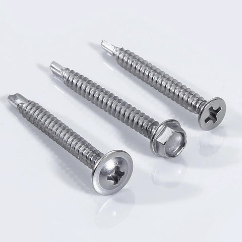 Hardcore Boss Grade 440 Piece 410 Stainless Steel Self Tapping Screw Assortment Kit For Sheet Metal Flat Big Flat Hex Head Rustproof Pro Hardware Combo Silver Finish. Three silver hex head screws.