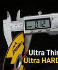 Digital caliper measuring a 4 1/2-inch Panlen ultra-thin cut-off wheel for angle grinders.