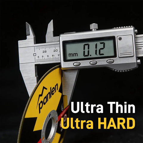 Caliper measuring thickness of Three Inch Pro Grade Die Grinder Cutting Disc, labeled ultra thin ultra hard.