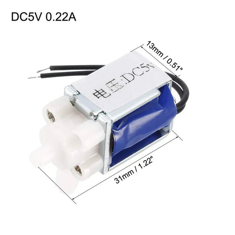Two Way Normally Closed Solenoid Valve DC5V 0.22A in blue casing with dimensions 31 x 21 x 13 mm, ideal for fluid control systems