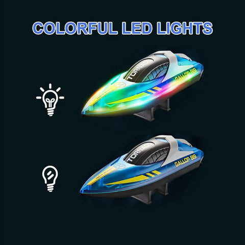 Kid And Adult Friendly RC Boat With Dope LED Lights Fast Up To 15 Kilometers Per Hour 2 4G Remote Control For Pools And Lakes Rechargeable Batteries One Key Self Righting Flip Recovery Great Gift For Beginners And Enthusiasts with colorful LED lights