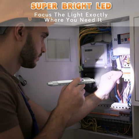 Man using 9 In 1 Multitool Pen Gift For Men With Personalized Gift Box to illuminate wiring with super bright LED light
